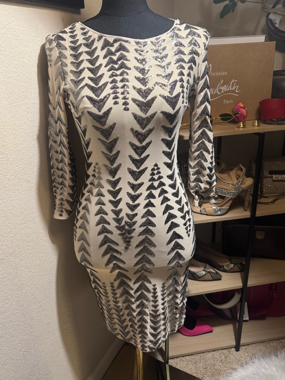 Lulus Black Silver Sequin Chevron Bodycon Dress Small